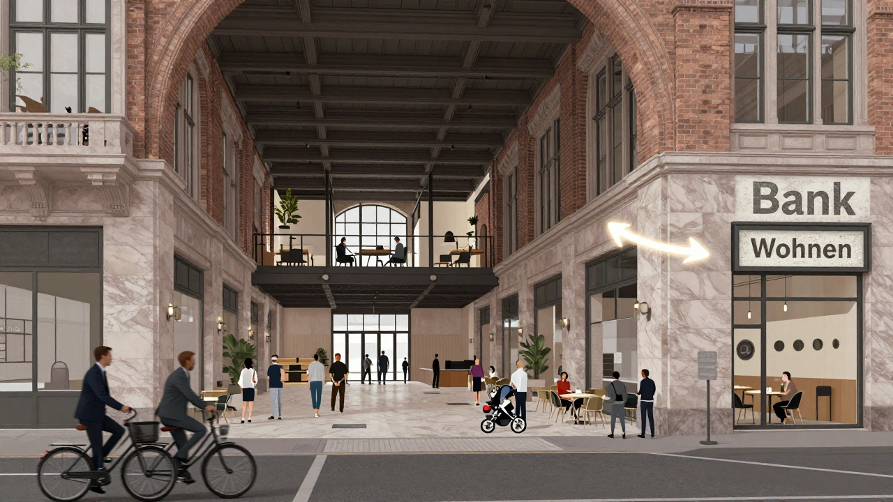 Umwandlung eines alten Bankgebäudes in Wohnungen mit integrierten Arbeitsbereichen.