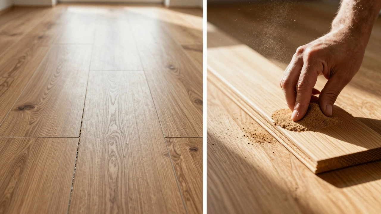 Vergleich: künstliches Laminat mit Riss neben einem abgeschliffenen Echtholzdielen