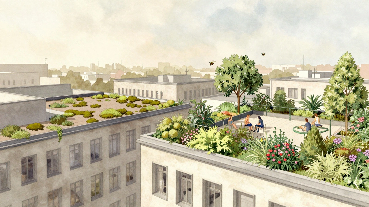 Vergleich zweier Dachbegrünungen: links extensiv mit Sedum, rechts intensiv mit Garten und Insekten – beide auf benachbarten Gebäuden in Berlin.