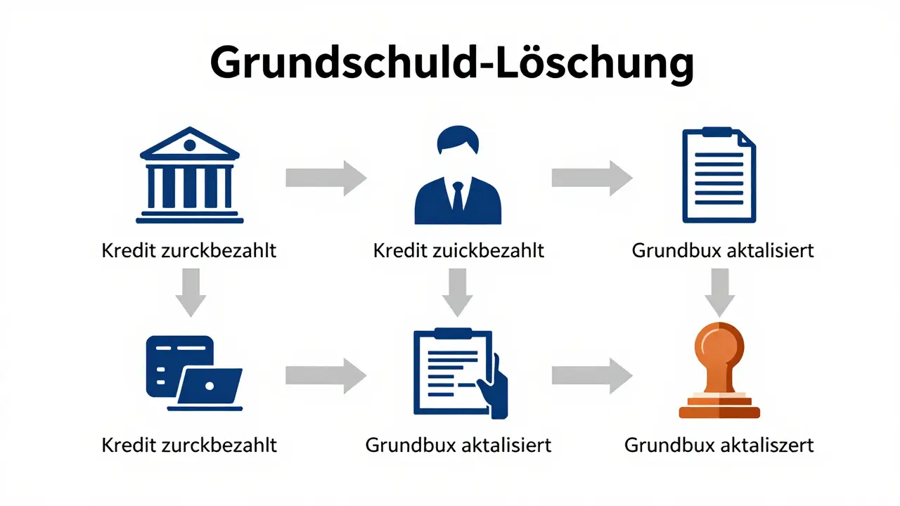 Visuelle Schritt-für-Schritt-Anleitung zur Löschung einer Grundschuld mit symbolischen Icons.