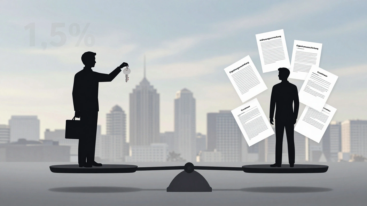 Waage: Verkäufer mit Schlüssel und niedrigen Kosten, Käufer mit mehreren Dokumenten und hohen Kosten, Stadt im Hintergrund.