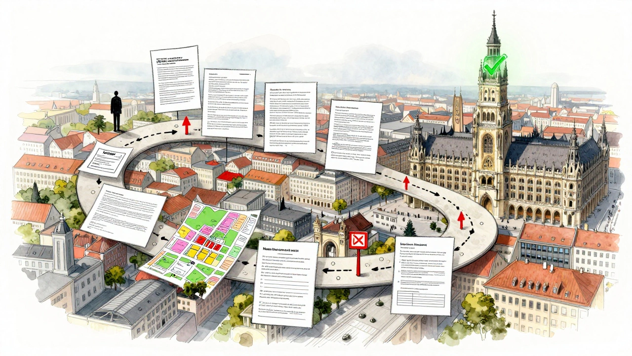 Weg durch bürokratische Hürden führt zu Genehmigungsstempel über Rathaus.