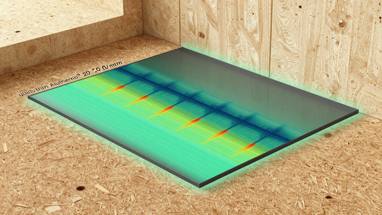 Zukunftsorientierte Bodenkonstruktion mit dünnem Dämmmaterial und digitalen Simulationsüberlagerungen.