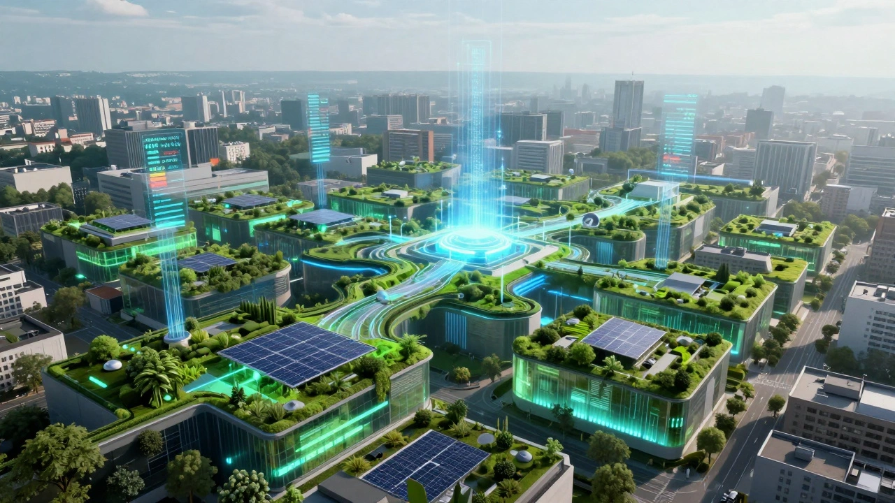 Zukunftsstadt mit vernetzten Gründächern, die durch Sensordaten und Solarpaneele intelligent gesteuert werden – kühle Luft steigt sichtbar auf.