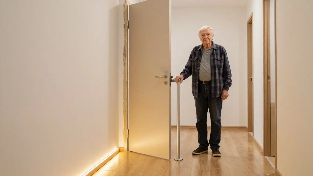 Ältere Person hält sich an einem Handlauf in einem renovierten Flur mit LED-Beleuchtung und rutschfestem Boden.