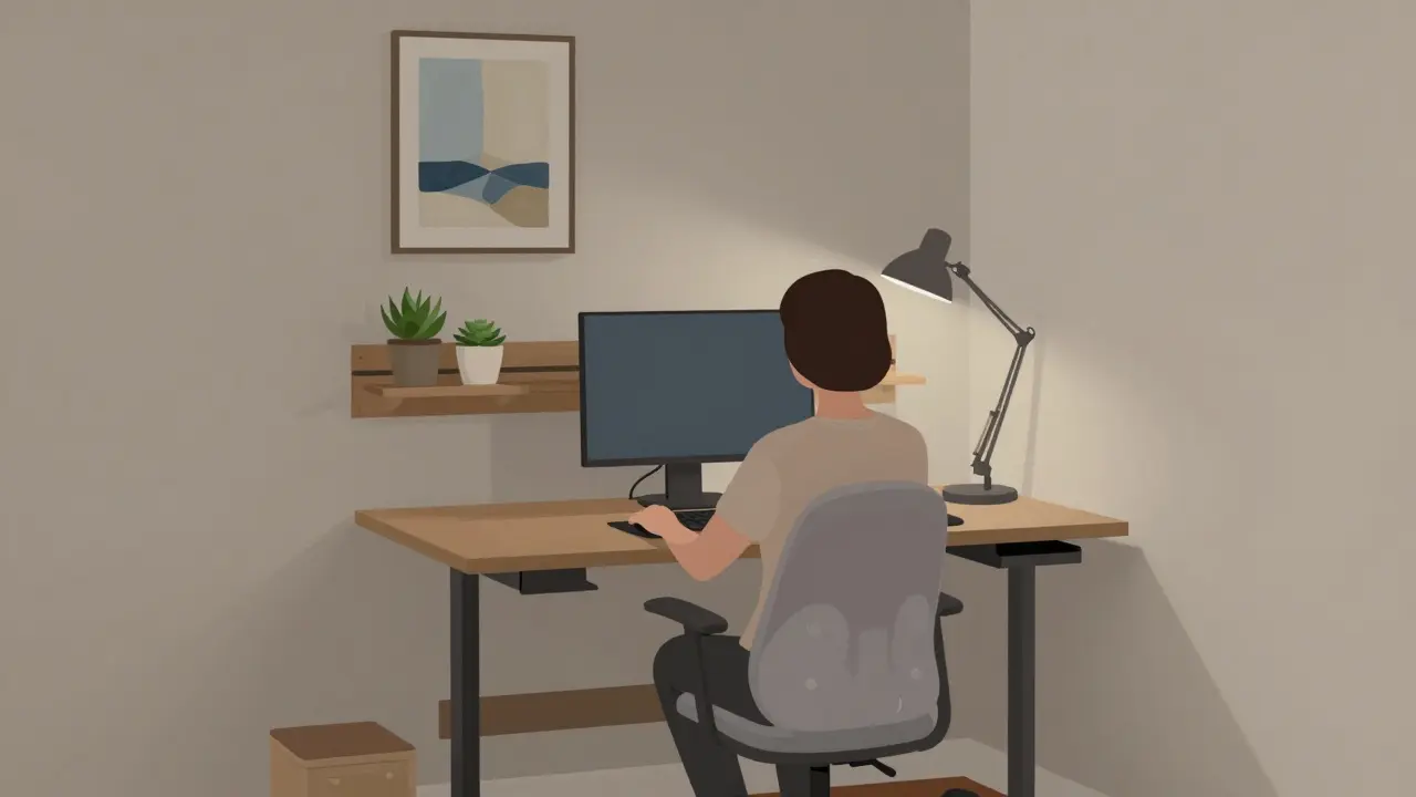 Beruhigende Homeoffice-Ecke mit Holzregal, Pflanzen und ergonomischem Stuhl in neutralen Farbtönen.