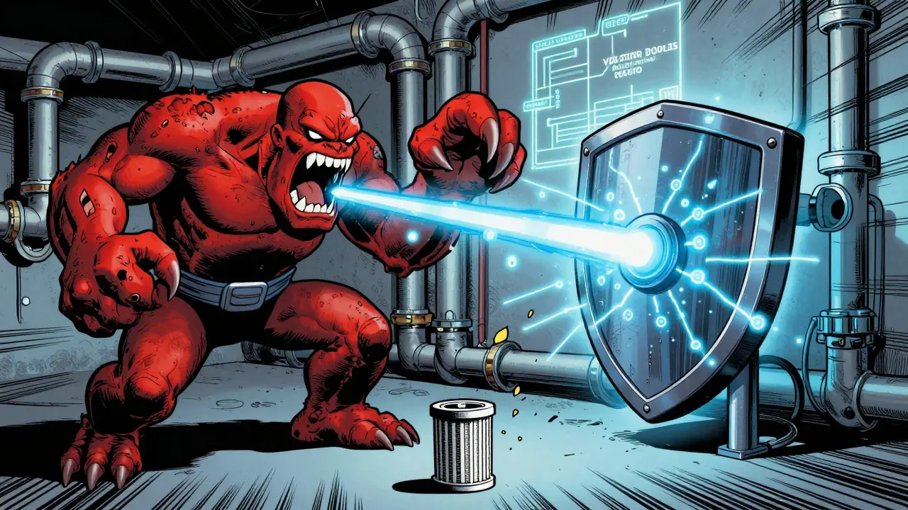 Comic-Stil: Ein Rost-Monster greift Heizungsrohre an, während ein elektronischer Schutzschirm die Korrosion stoppt.