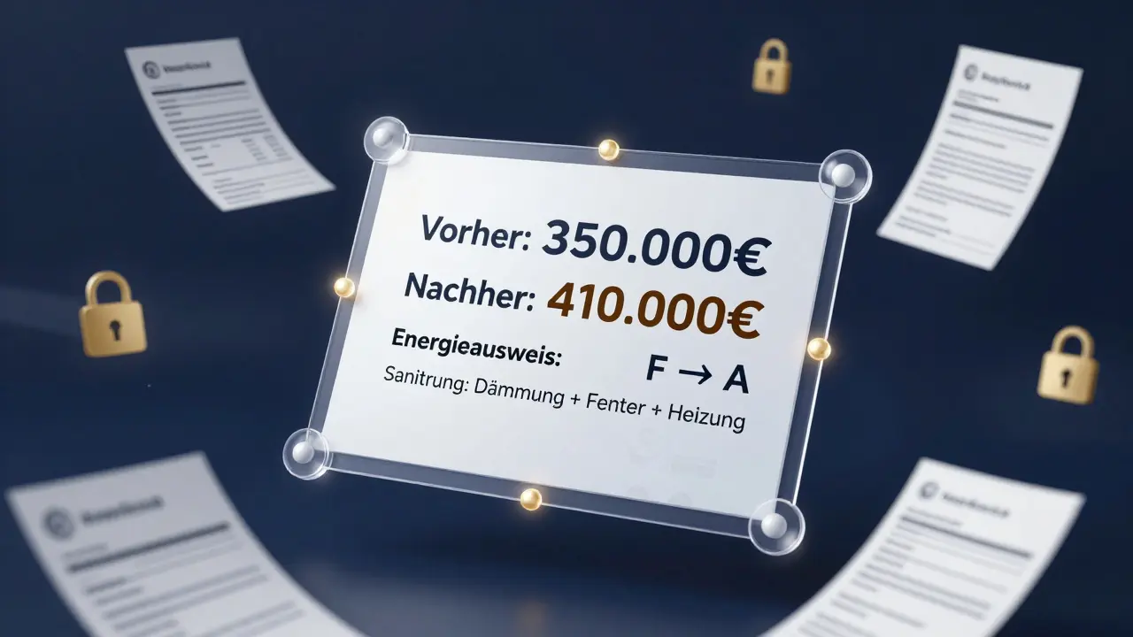 Digitales, blockchain-verifiziertes Immobilienwertgutachten mit vorher-nachher-Daten und Sanierungsbelegen.