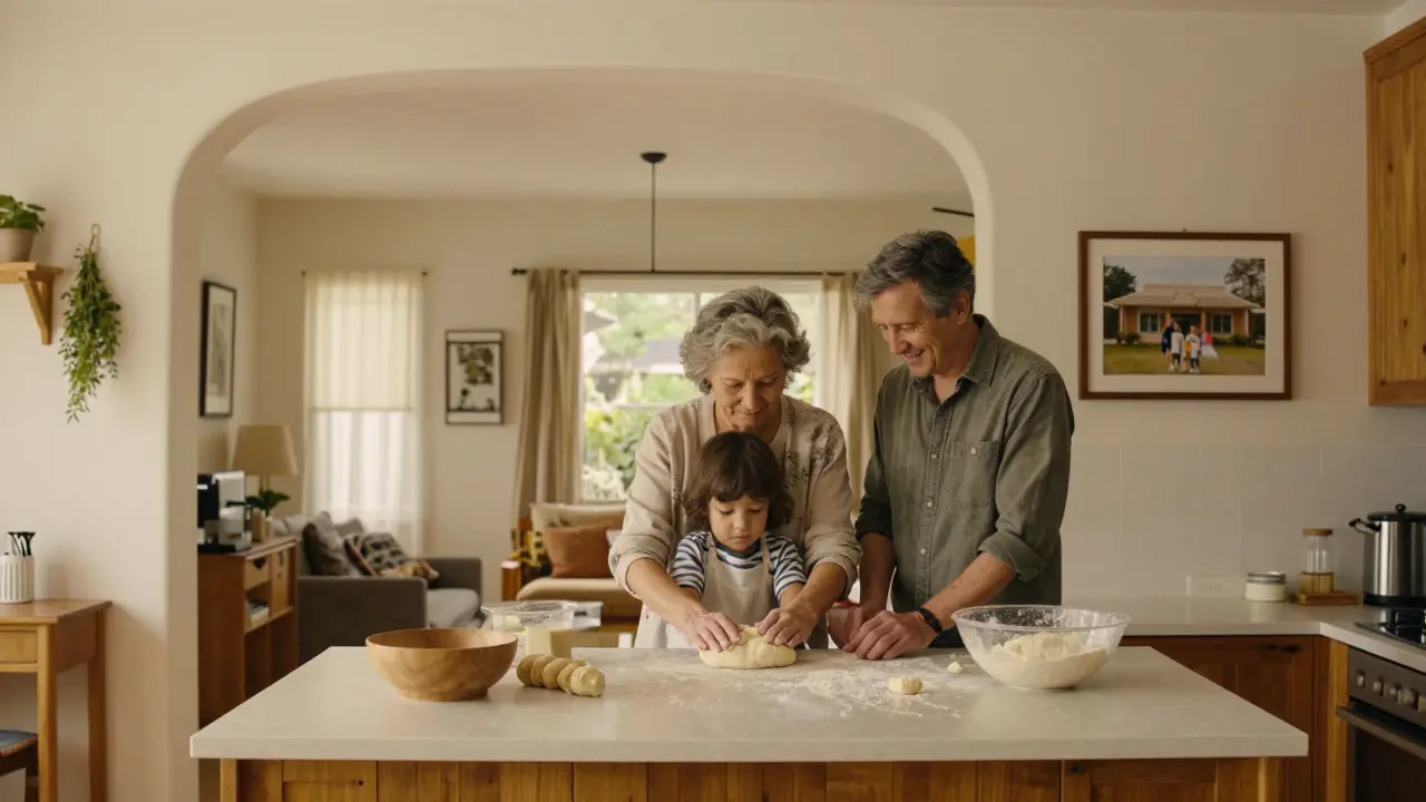 Drei Generationen gemeinsam in der Küche eines renovierten Hauses, während Großmutter einem Kind beim Backen hilft.