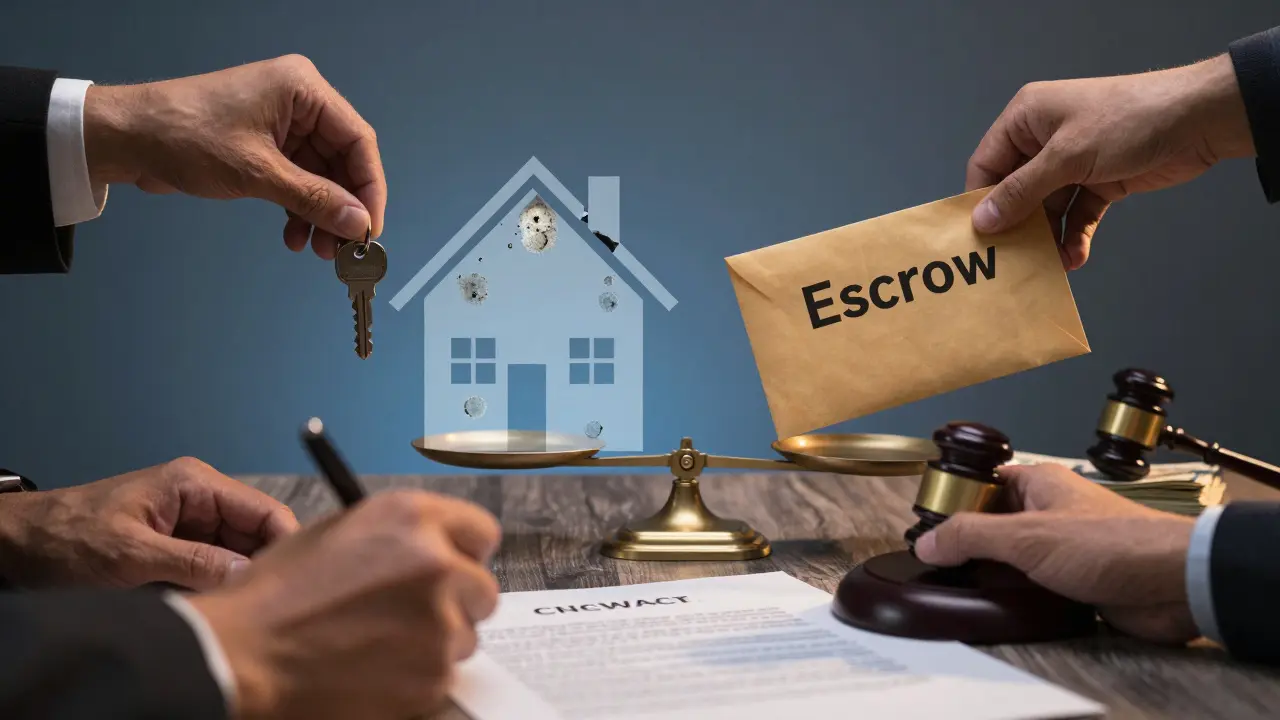 Drei Hände: eine mit Schlüssel, eine mit Stift, eine mit Escrow-Umschlag – symbolisch für Kauf, Vertrag und Sicherung.