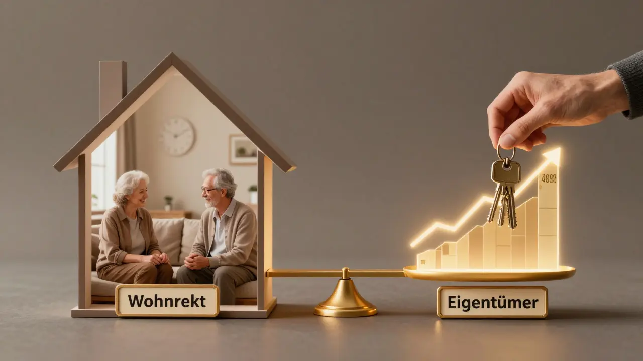 Ein Haus ist halb in Wohnrecht und halb in Eigentum geteilt, verbunden durch eine steuerliche Waage.