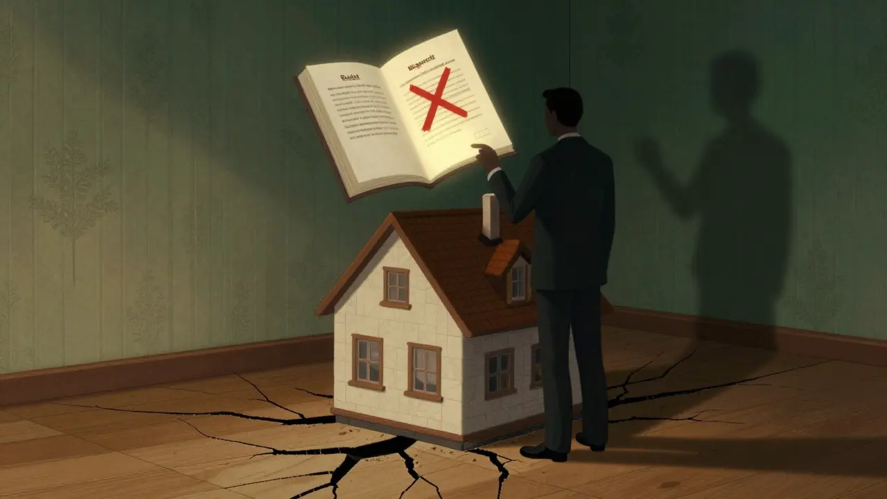 Ein Haus mit unsichtbaren Schäden hinter Wänden, überlagert von Grundbucheinträgen wie Baulast und Wegerecht.