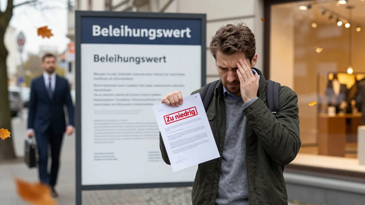 Ein Käufer blickt enttäuscht auf einen Gutachterbericht mit deutlich niedrigerem Wert als dem Kaufpreis.