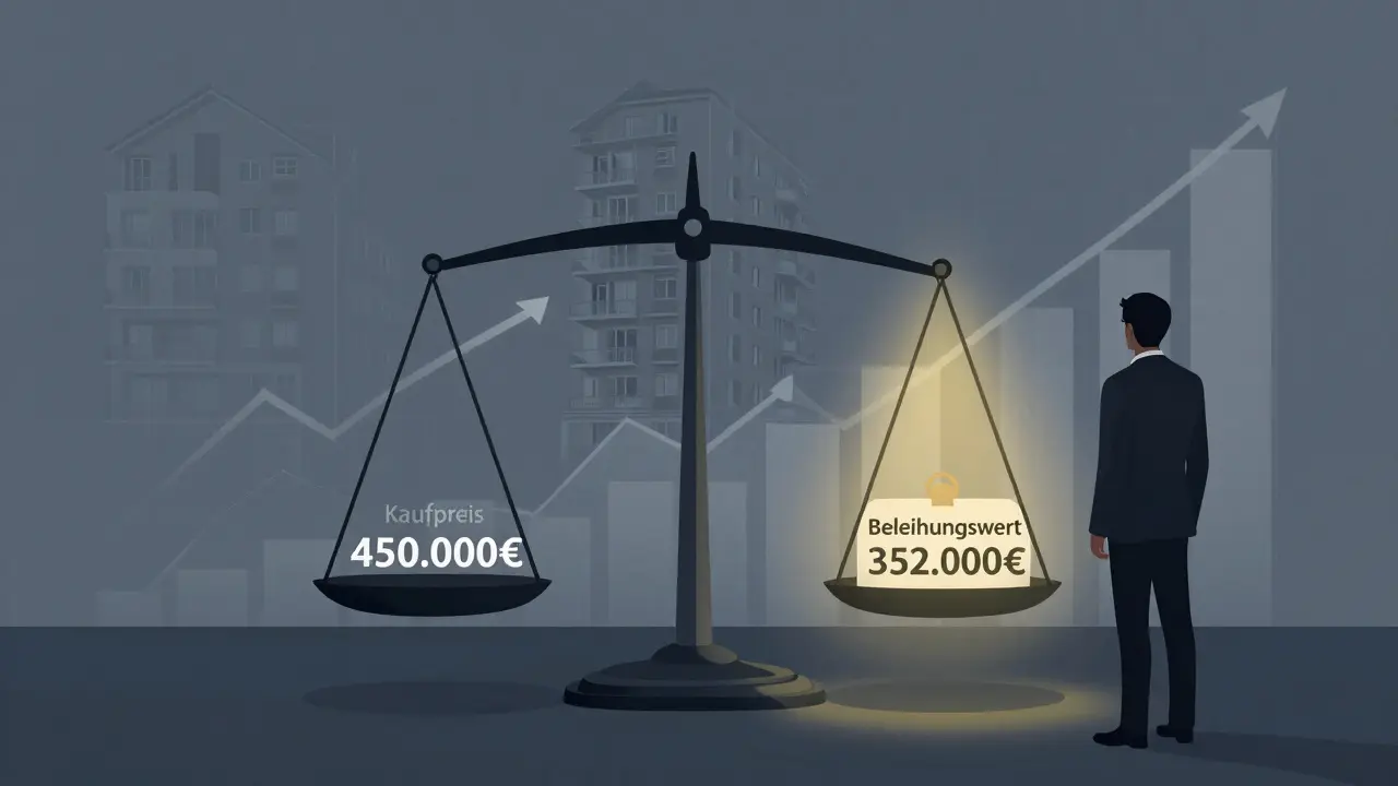 Eine Waage vergleicht Kaufpreis und Beleihungswert einer Immobilie, um den konservativen Sicherheitsabschlag zu verdeutlichen.