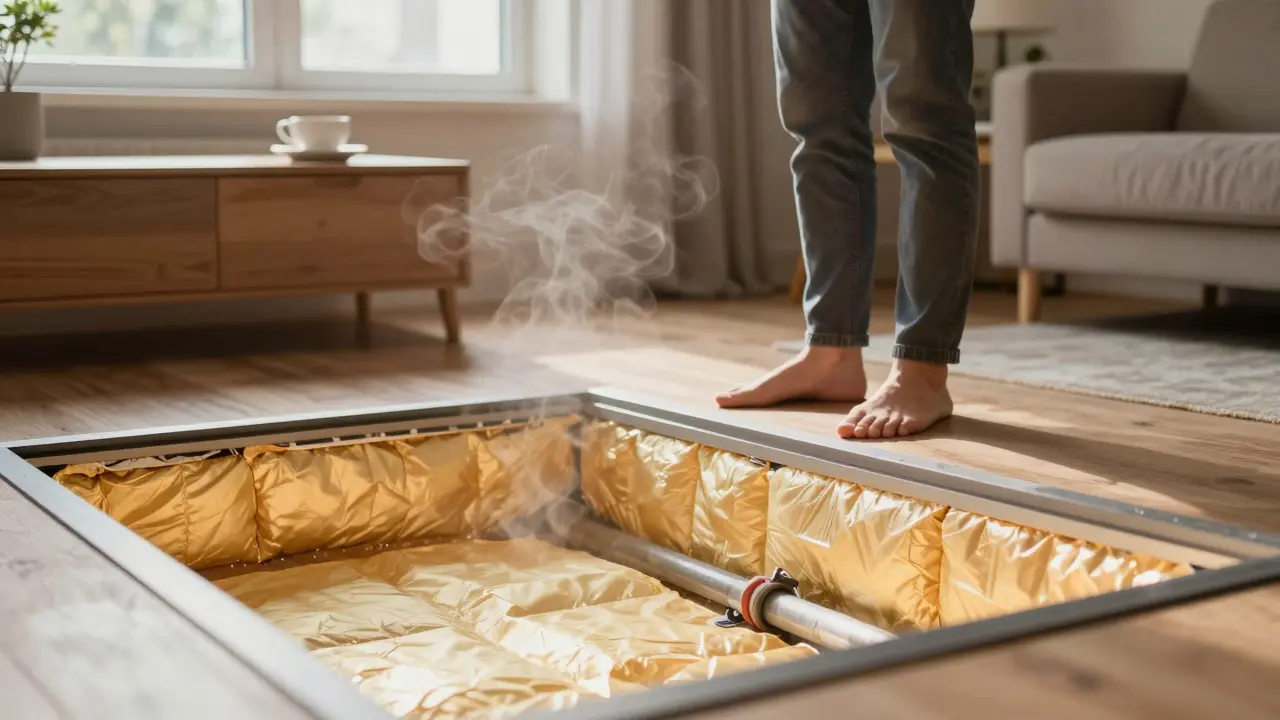 Familie im Wohnzimmer mit warmem Boden, durchsichtiger Bodenplatte zeigt darunter gedämmte Kellerdecke mit isolierten Leitungen.