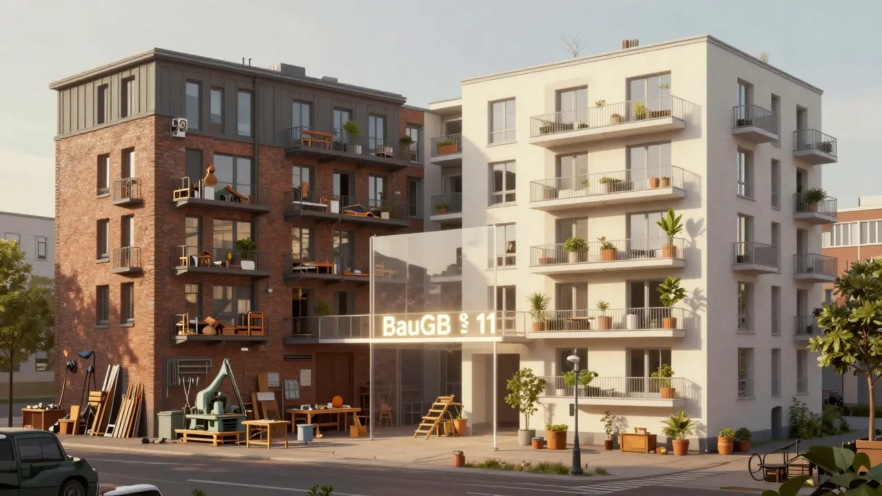 Gebäude mit geteiltem Nutzungsbereich: Werkstatt und Wohnungen, getrennt durch einen rechtlichen Grenzpunkt.