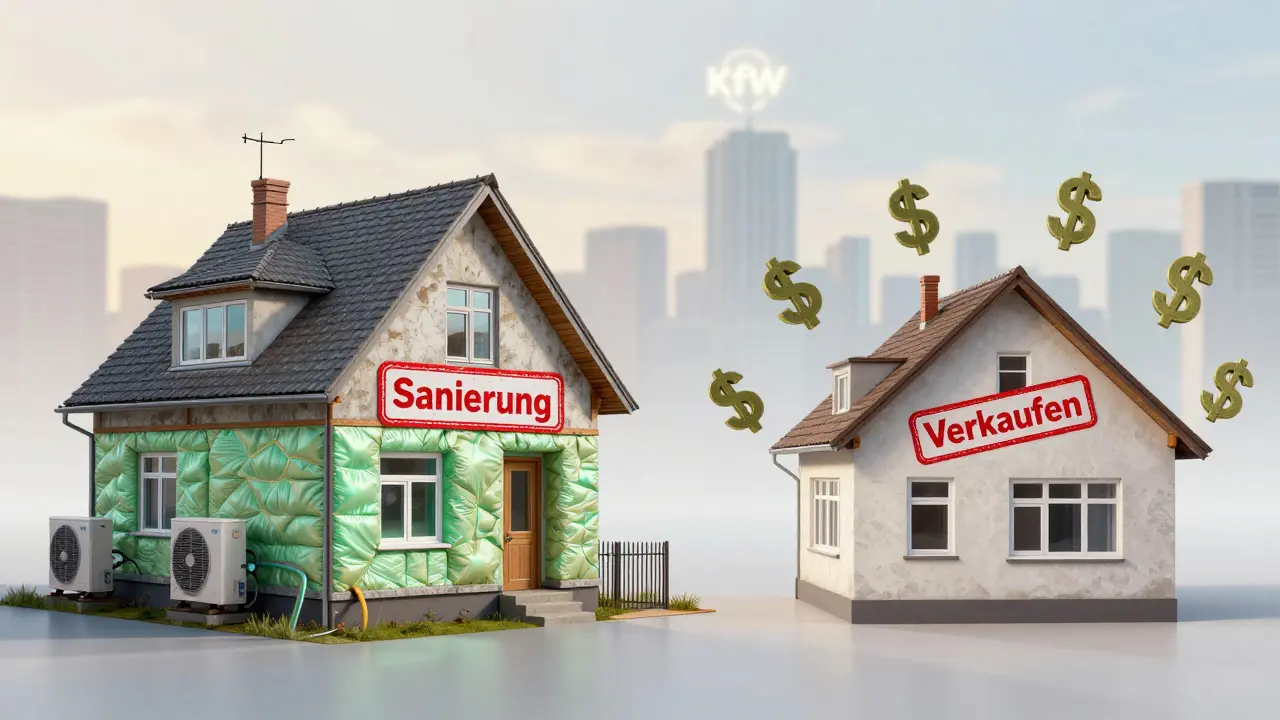 Gespaltenes Haus: linke Seite sanierter Zustand mit grünen Energiesymbolen, rechte Seite mit Verkaufssymbolen und schrumpfendem Wert.