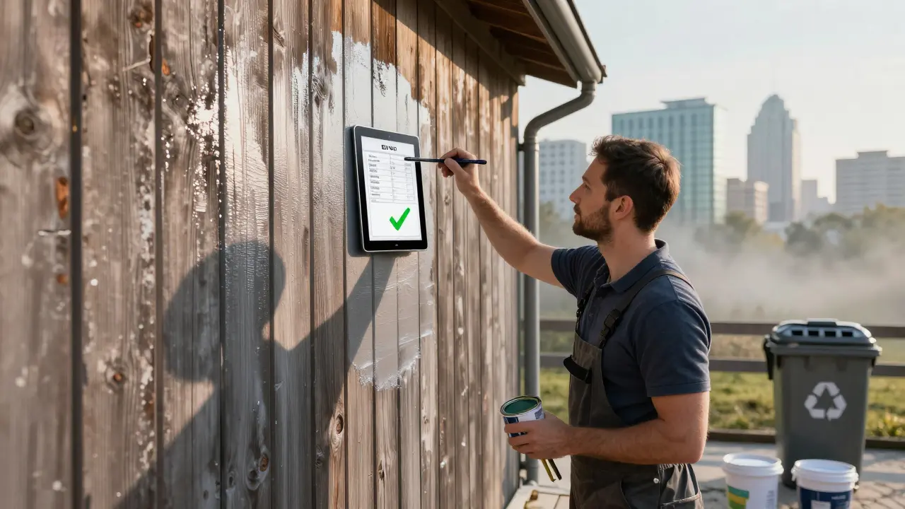 Handwerker streicht Fassade mit wasserbasiertem Lack, digitaler Display zeigt EU-Grenzwerte, nachhaltige Stadt im Hintergrund.