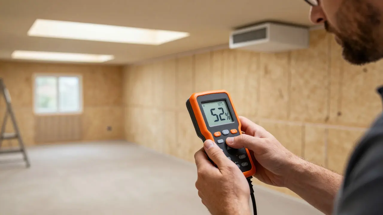 Hausbesitzer misst mit professionellem Gerät die Luftfeuchtigkeit in einem sanierten Keller.