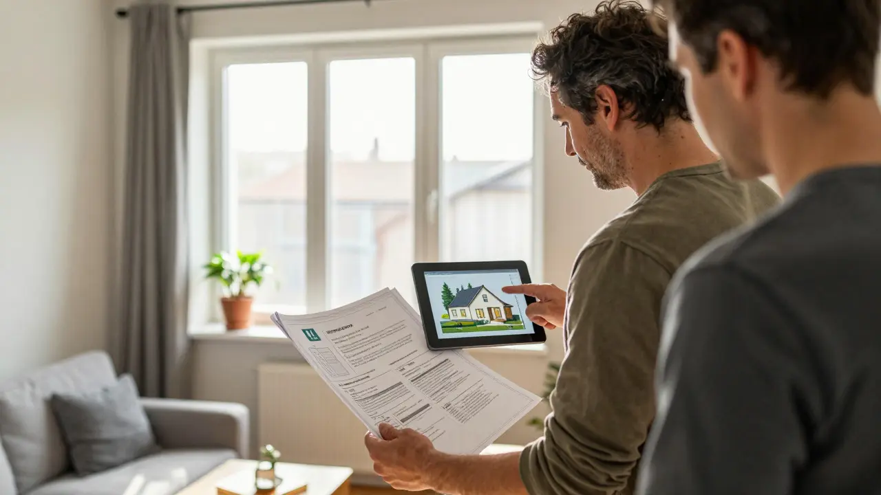 Hausbesitzer mit Energieberater vor Blueprint, neue Fenster lassen Sonnenlicht herein, KfW-Dokument in der Hand.