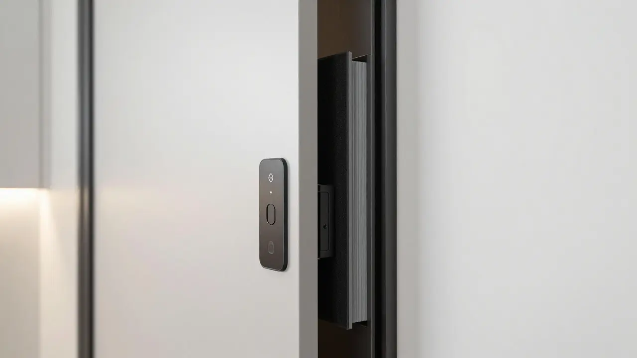 Intelligente Schiebetür mit Touch-Sensor und versteckter Ladestation, symbolisiert zukünftige Innenarchitektur.