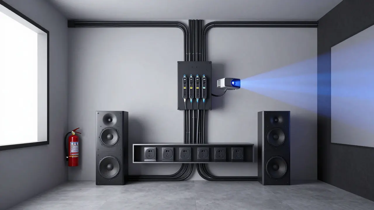 Kabelkanäle und Steckdosen in einer modernen Heimkino-Technikwand mit Feuerlöscher.