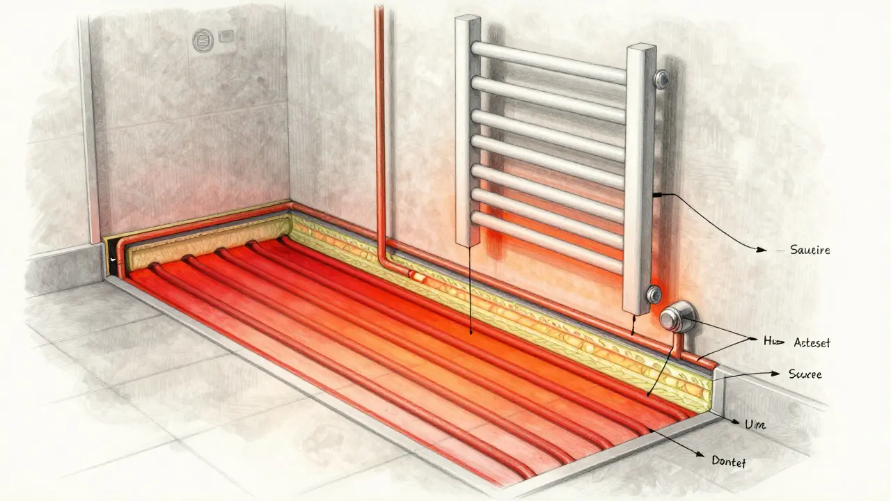 Querschnittansicht eines Badezimmers mit vergleichender Darstellung von Fußbodenheizung und Handtuchwärmer.
