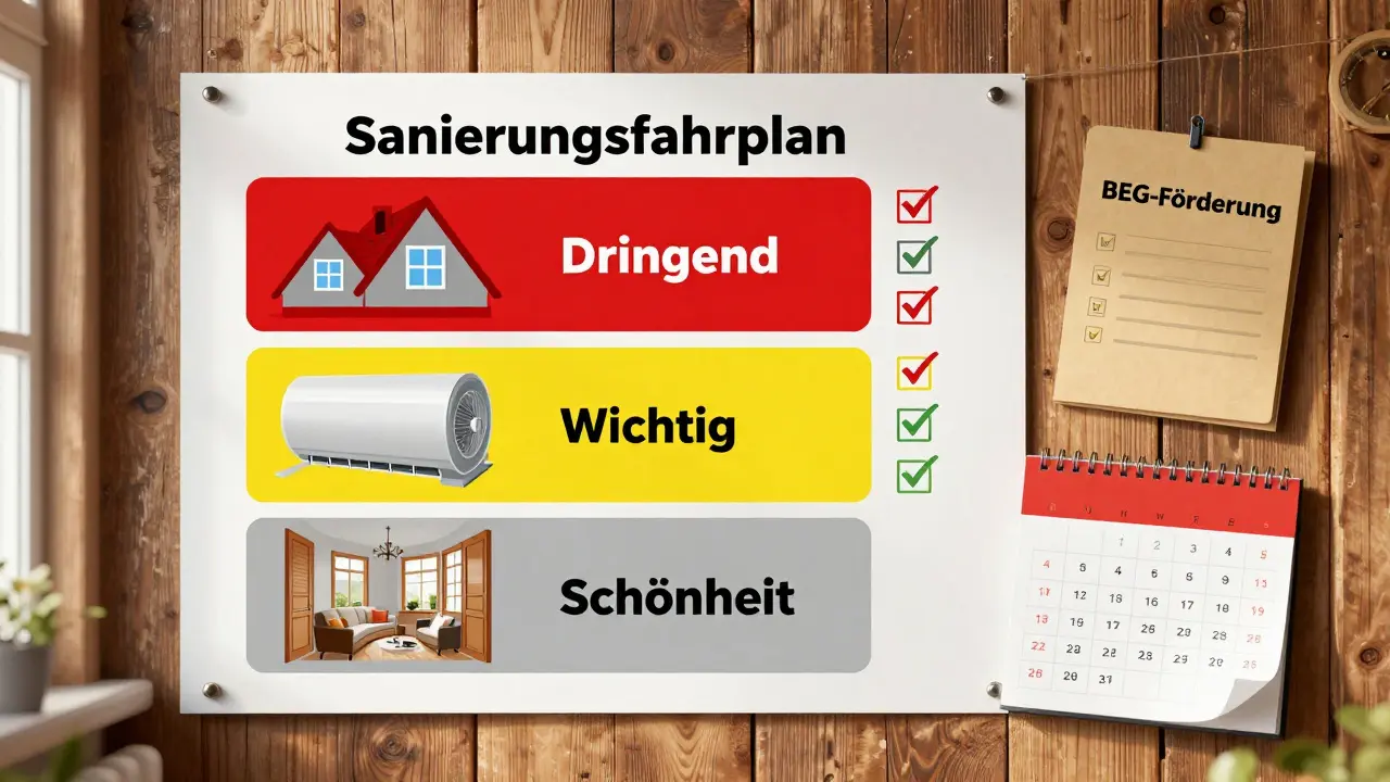 Sanierungsfahrplan mit farblich gekennzeichneten Prioritäten für Dach, Fenster und Dämmung an einer Holzwand.