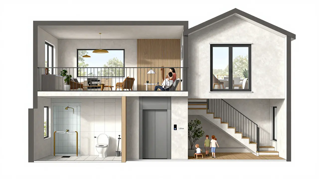 Schnittansicht eines umgebauten Hauses mit barrierefreiem Erdgeschoss, mittlerer Etage und Anbau für junge Familie.