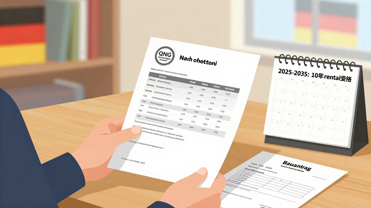 Steuerberater prüft QNG-Zertifikat, Kostenliste mit 4.000 €/m² und Vermietungsverpflichtung auf Schreibtisch.
