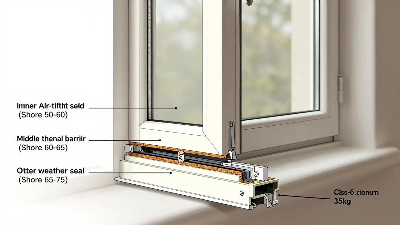 Technische Schnittansicht einer dreifachen Dichtung mit modernen Pendelbändern für schwere Holzfenster.
