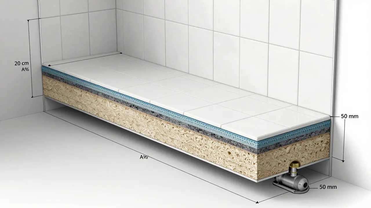 Technische Schnittansicht einer korrekt verlegten Duschabdichtung mit Neigung und Membranausdehnung.