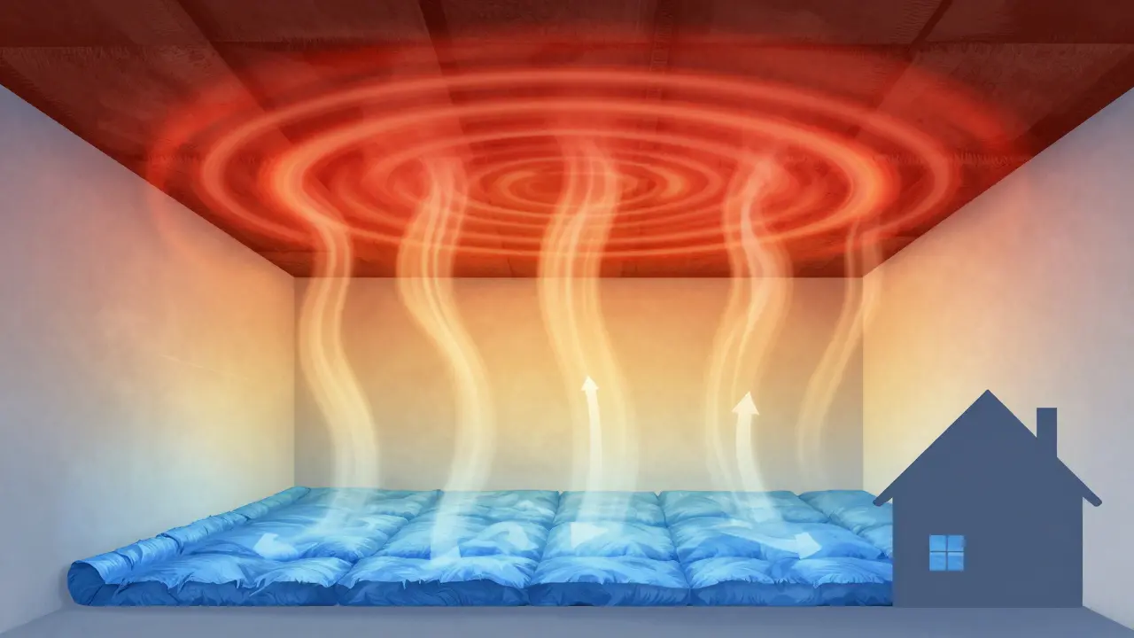 Thermische Konvektion im Haus: Wärmeverlust durch ungedämmte Kellerdecke vs. effiziente Dämmung mit PIR-Platten.