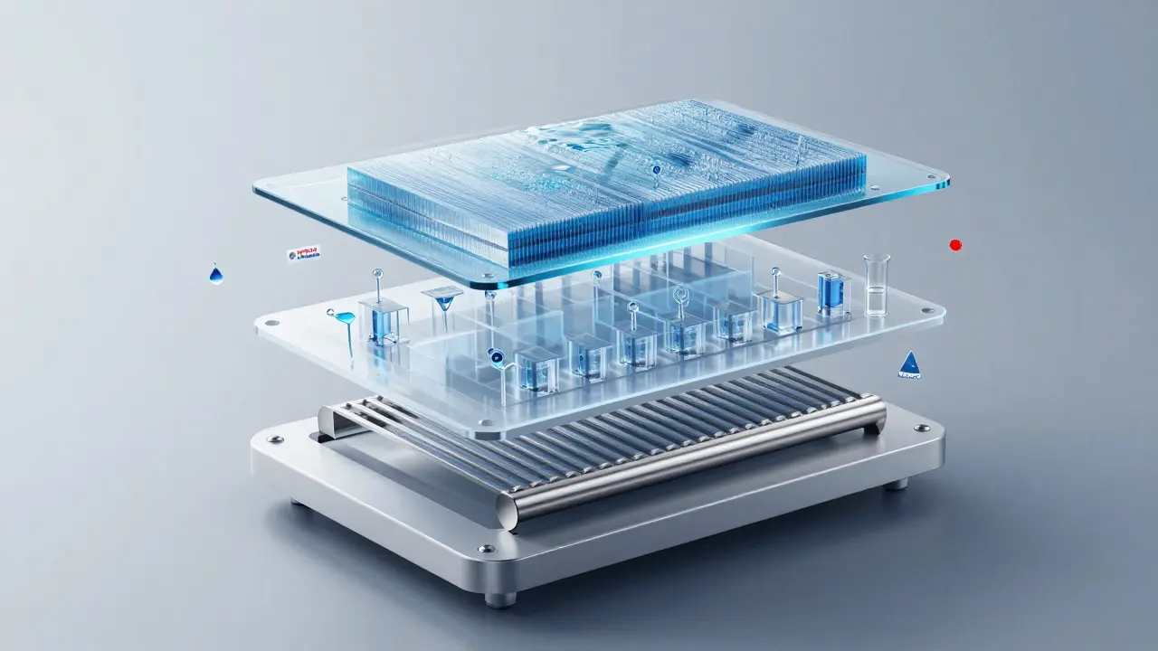 Transparente Darstellung eines Heizsystems mit drei Schutzschichten: Entsalzung, chemischer Schutz und elektrochemische Entsauerung.