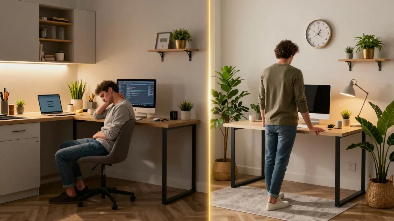 Vergleich: gestresster Arbeitsplatz links vs. optimierter, ästhetischer Arbeitsplatz rechts mit Pflanzen und Licht.