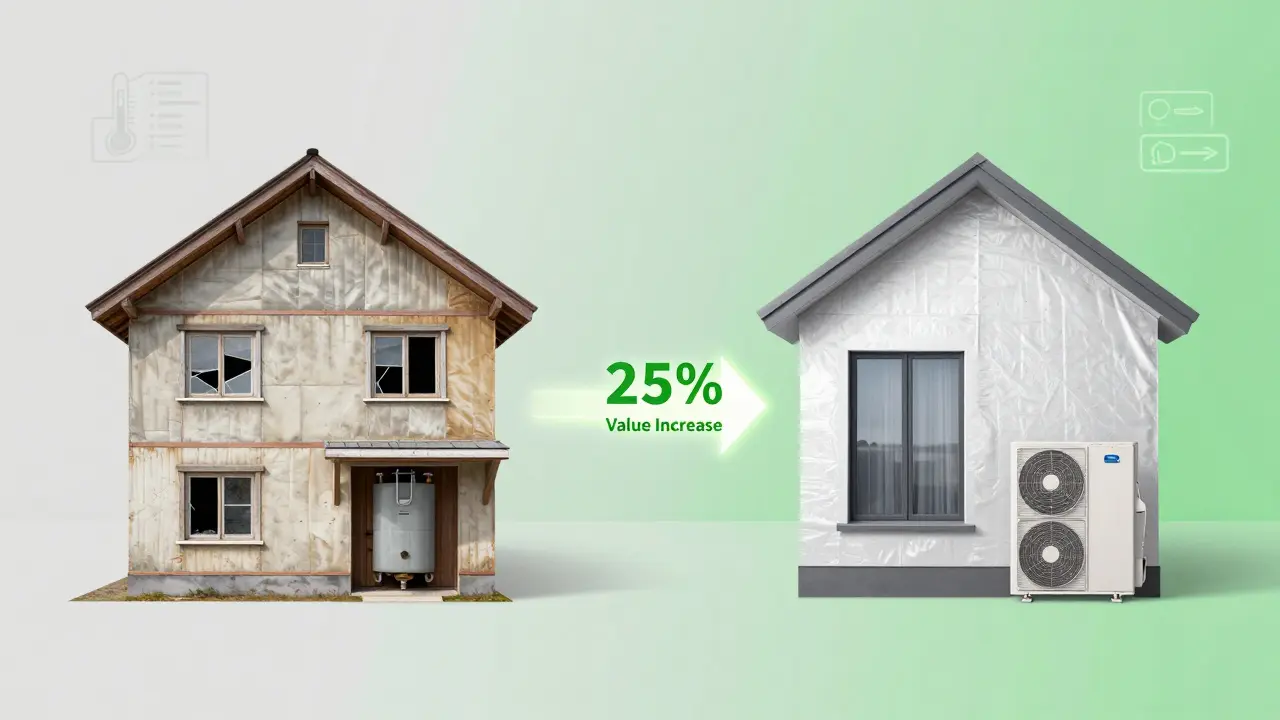 Vergleich zweier Zustände eines Hauses: vorher mit schlechter Isolierung, nachher mit moderner Energieeffizienz.