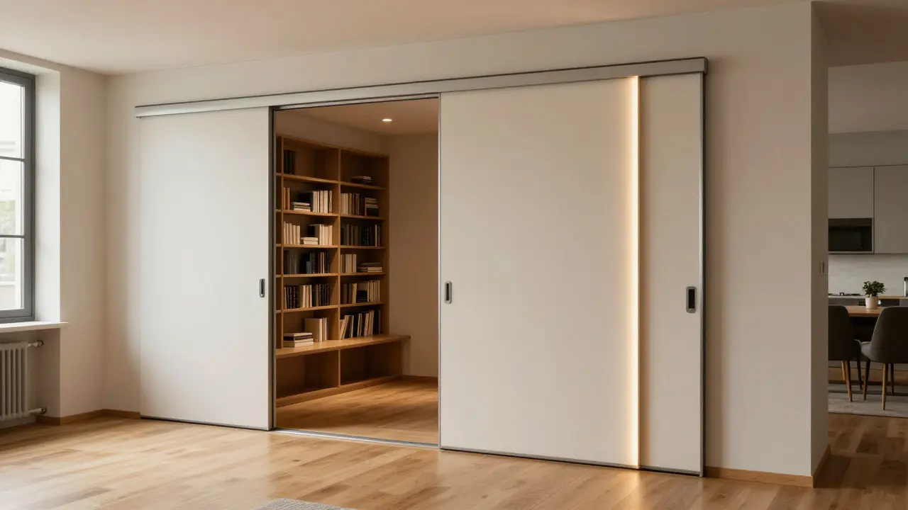 Versteckte Schiebetür, die sich nahtlos in die Wand einfügt, wenn sie geschlossen ist.