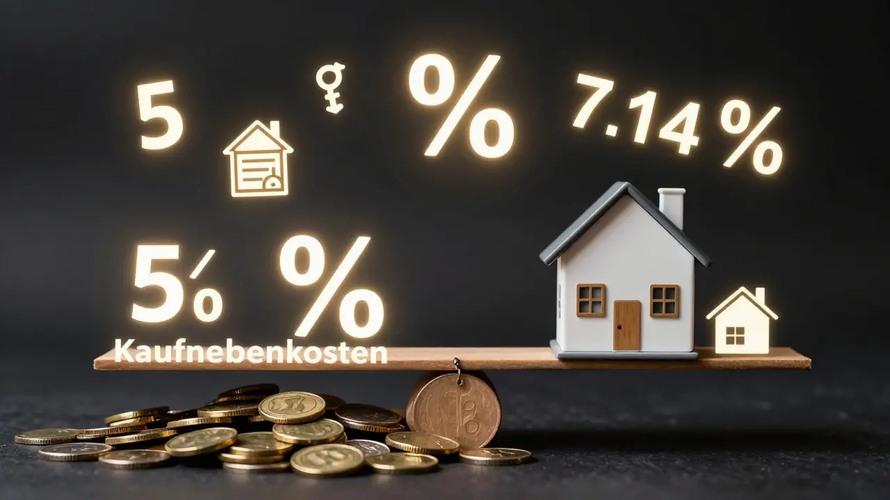 Waage mit Haus und Münzen als Kaufnebenkosten, symbolische Darstellung finanzieller Belastung.