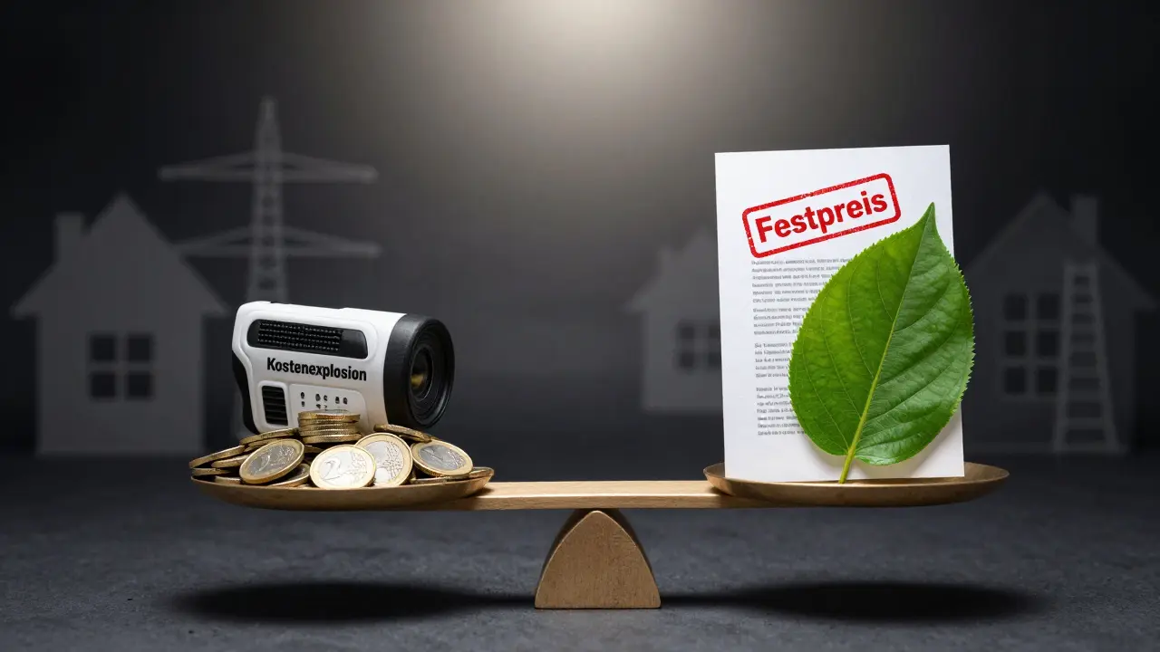 Waage mit hohen Kosten auf einer Seite und Sanierungs-Instrumenten wie Wärmebildkamera und Vertrag auf der anderen.