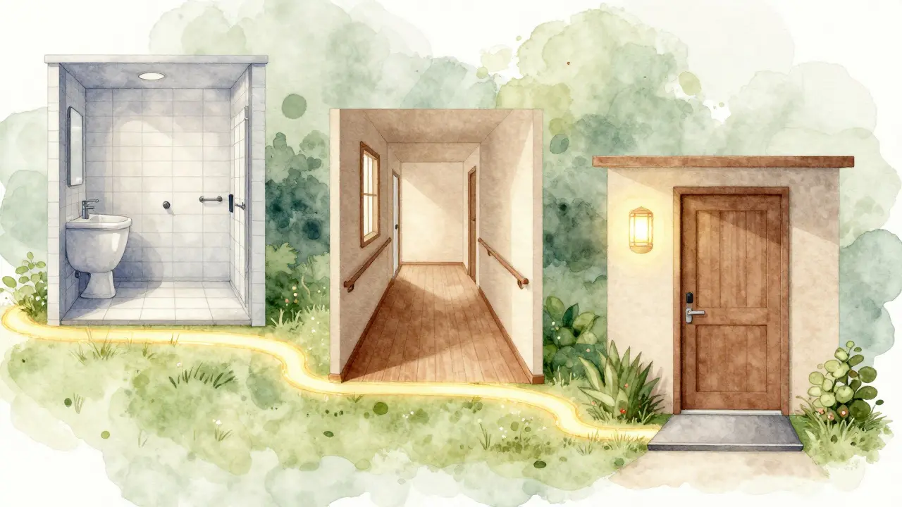 Wasserfarb-Illustration eines schrittweisen barrierefreien Umbaus: Bad, Flur, Eingang – verbunden durch goldenes Licht.