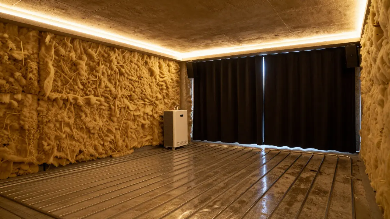 Wohnraum im Keller mit versteckter Fußbodenheizung, akustischen Vorhängen und warmem Licht.