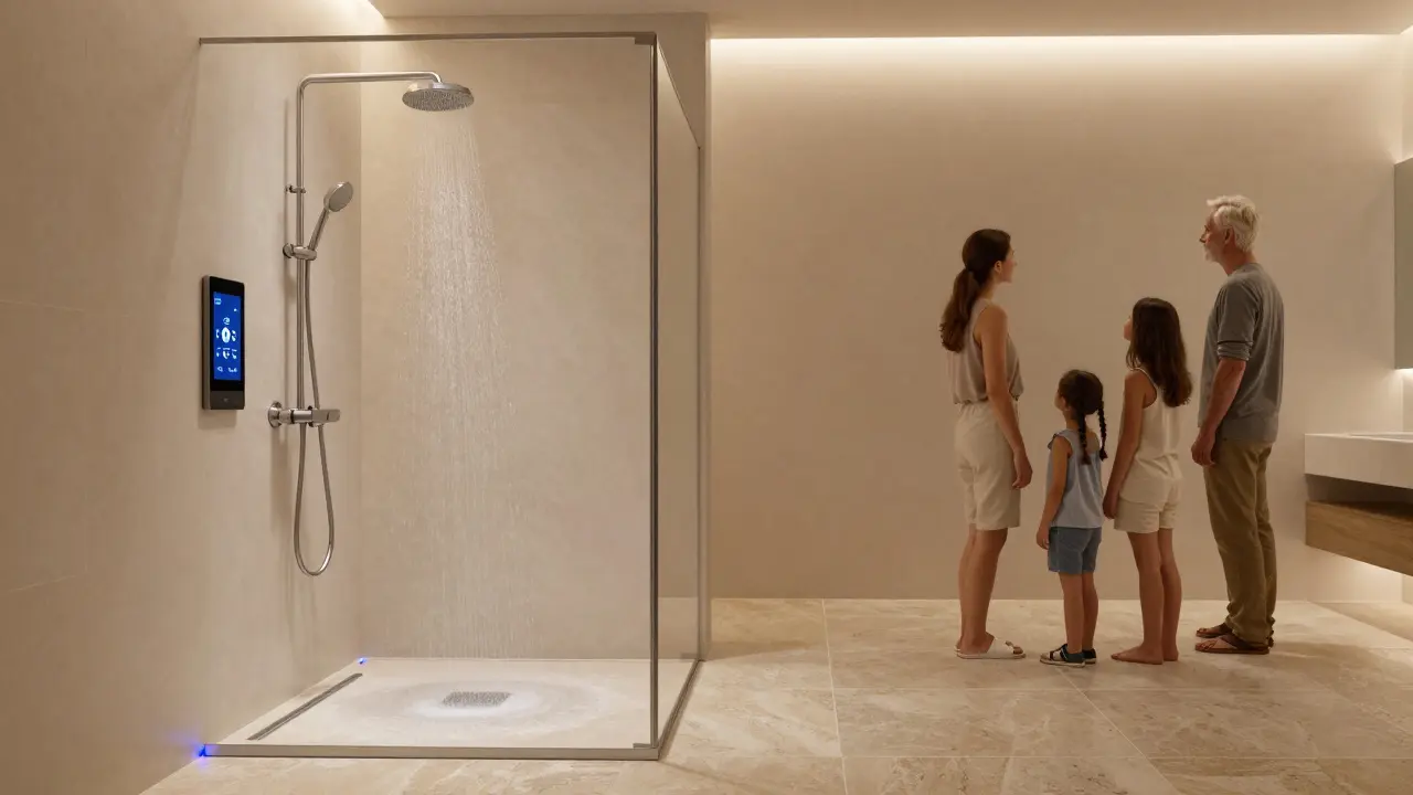 Zukünftige Dusche mit integrierter Smart-Technologie und rutschsicherer Oberfläche für alle Altersgruppen.