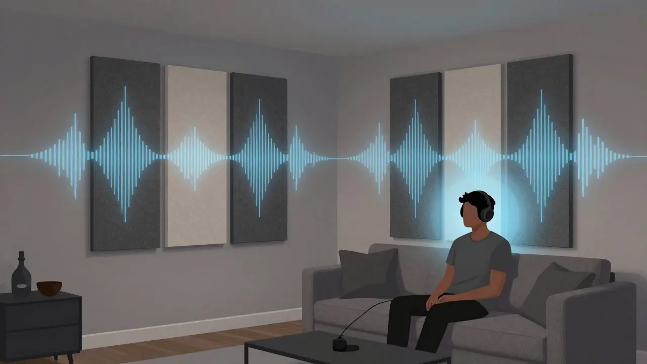 Akustikpaneele an den Reflexionspunkten einer Wohnzimmerwand, verbessern die Raumakustik.