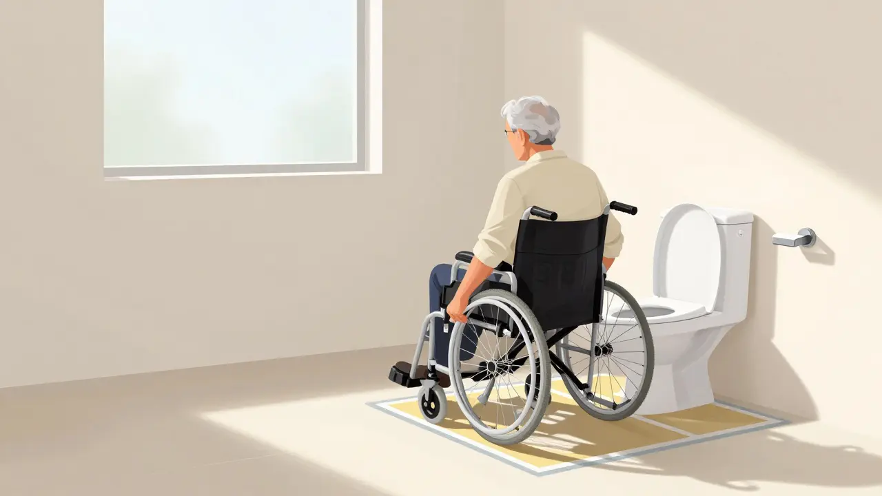 Ältere Person sicher von Rollstuhl auf Toilette wechseln, mit kontrastreichen Oberflächen und thermostatischer Armatur.