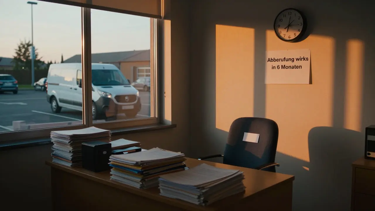 An empty office with a notice of manager dismissal and a new manager arriving at sunset.