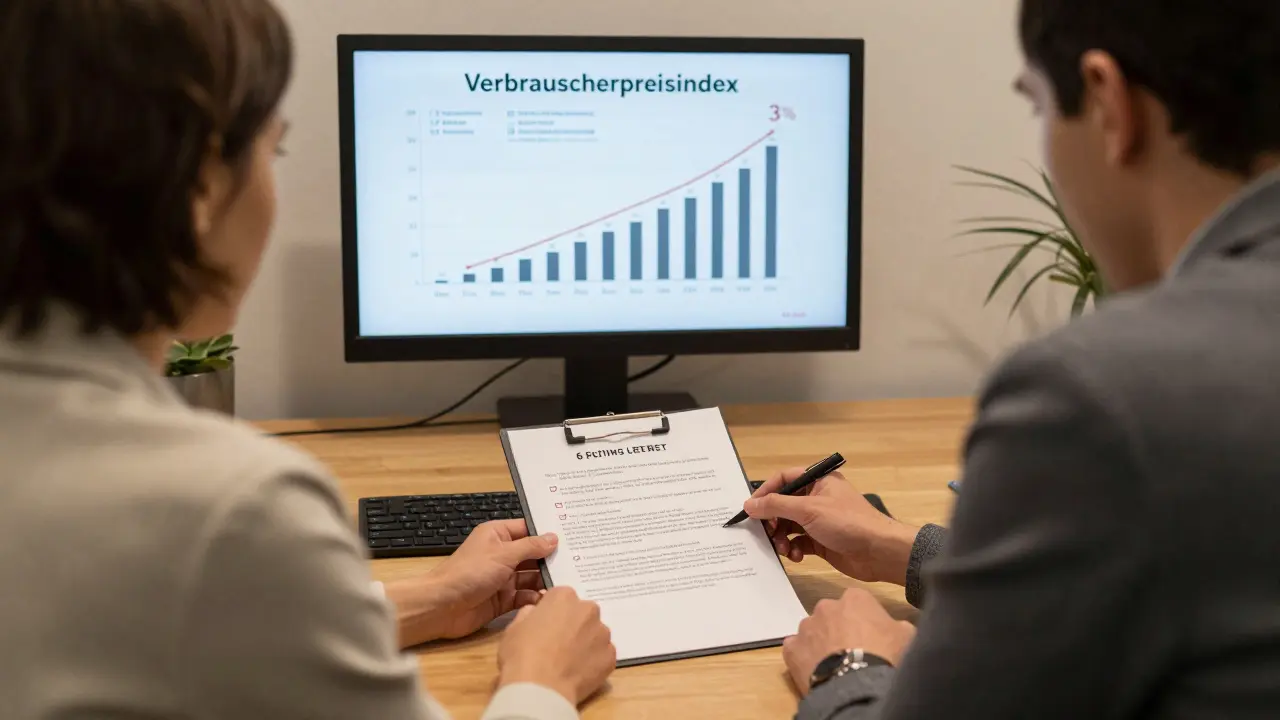 Anwalt und Mieter prüfen Mietvertrag mit Verbraucherpreisindex-Chart.