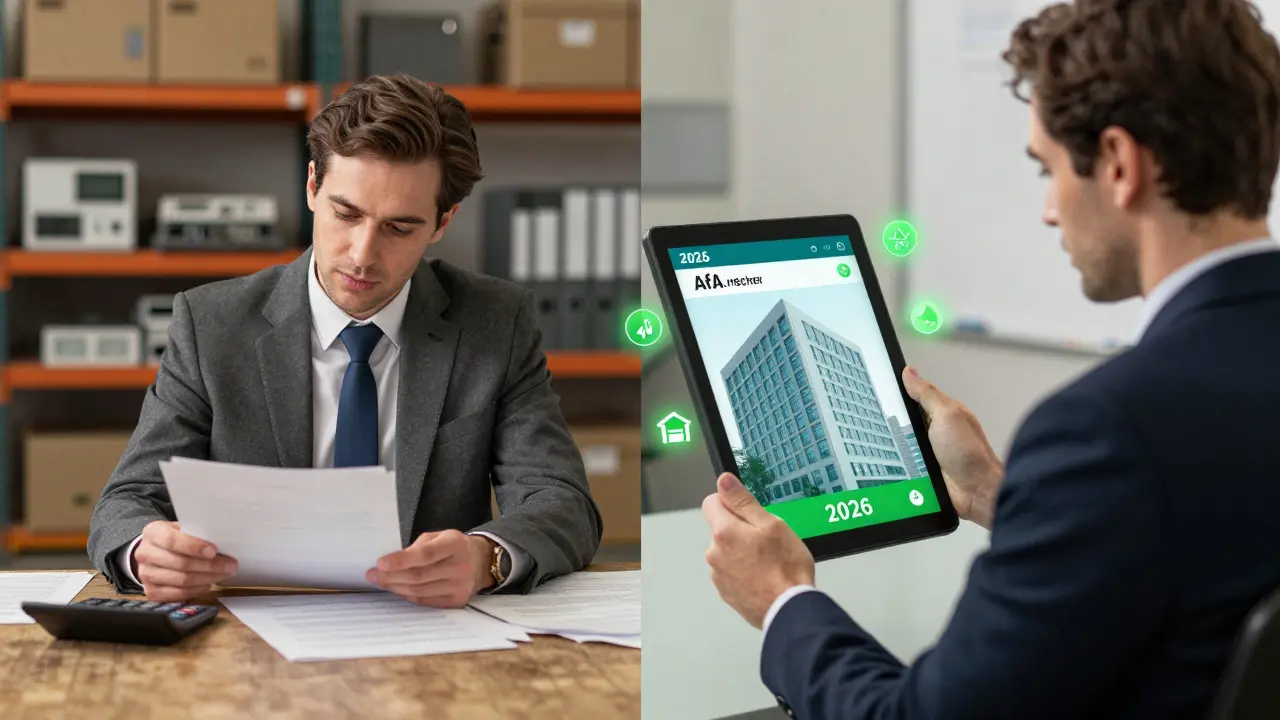 Aufteilung: Links 1980er Lagerhaus mit Abschreibung, rechts modernes Bürogebäude mit 4% digitaler Abschreibung und grünen Energiesymbolen.