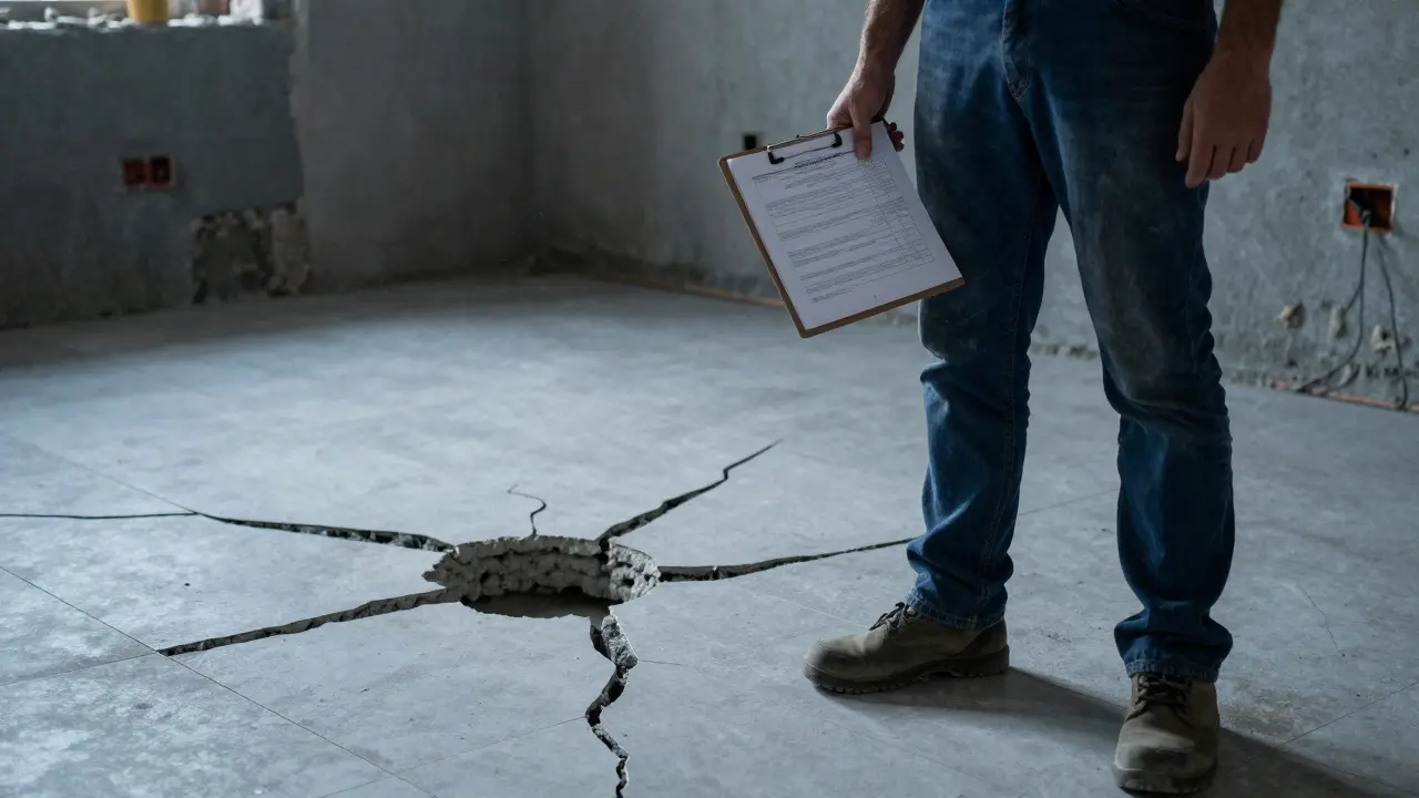 Bauarbeiter wendet sich ab, während Hausbesitzer einen Mangel an Fliesen zeigt.