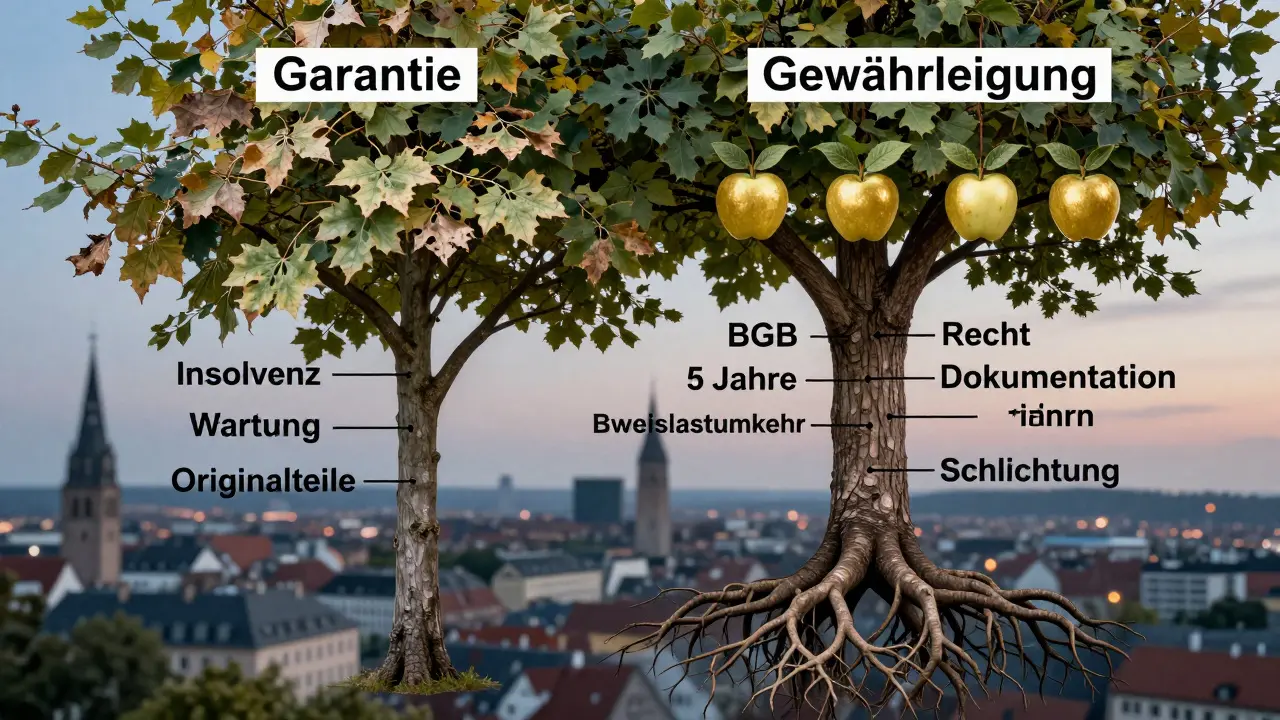 Ein Baum mit zwei Stämmen: einer mit zerbrechlichen Blättern für Garantie, der andere mit starken Wurzeln für gesetzliche Gewährleistung.
