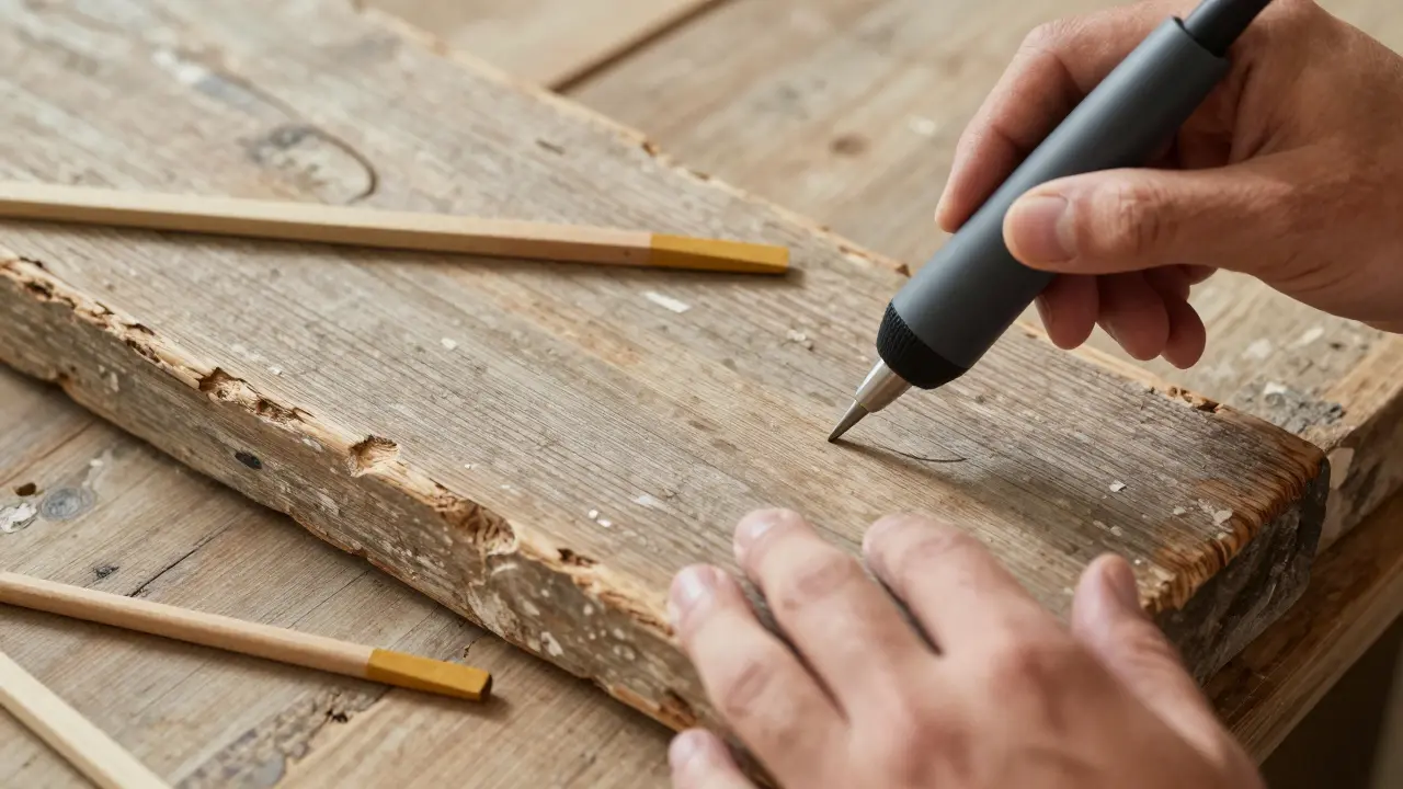 Ein Fachmann untersucht ein altes Holzbalken mit ultraschalltechnischen Geräten, ohne es zu beschädigen.